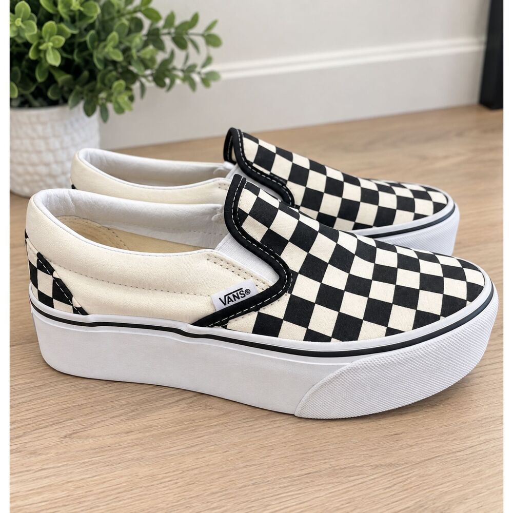 Vans Classic Slip-On Platform Checkerboard Black White Women's Sneakers